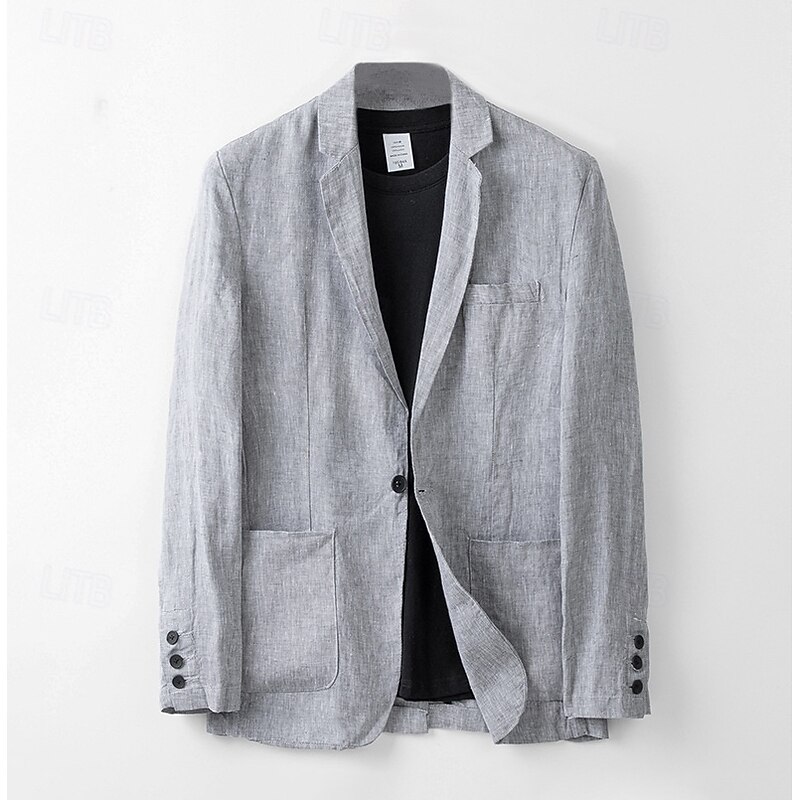 Men's Linen Blazer Suits Wedding Anniversary Vacation Elegant Neutral Spring &  Fall Cotton Linen Solid Color Buttons Comfy Single Breasted One-button Blazer White Navy Blue Beige Gray2