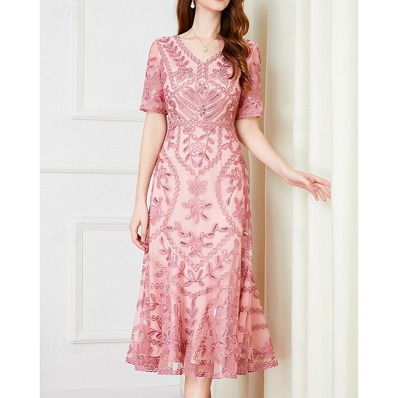 A-Line Dress Mother of the Bride Dress Elegant Vintage Party V Neck Tea Length Corded Lace Short Sleeve with Lace Sequin Midi Dress3