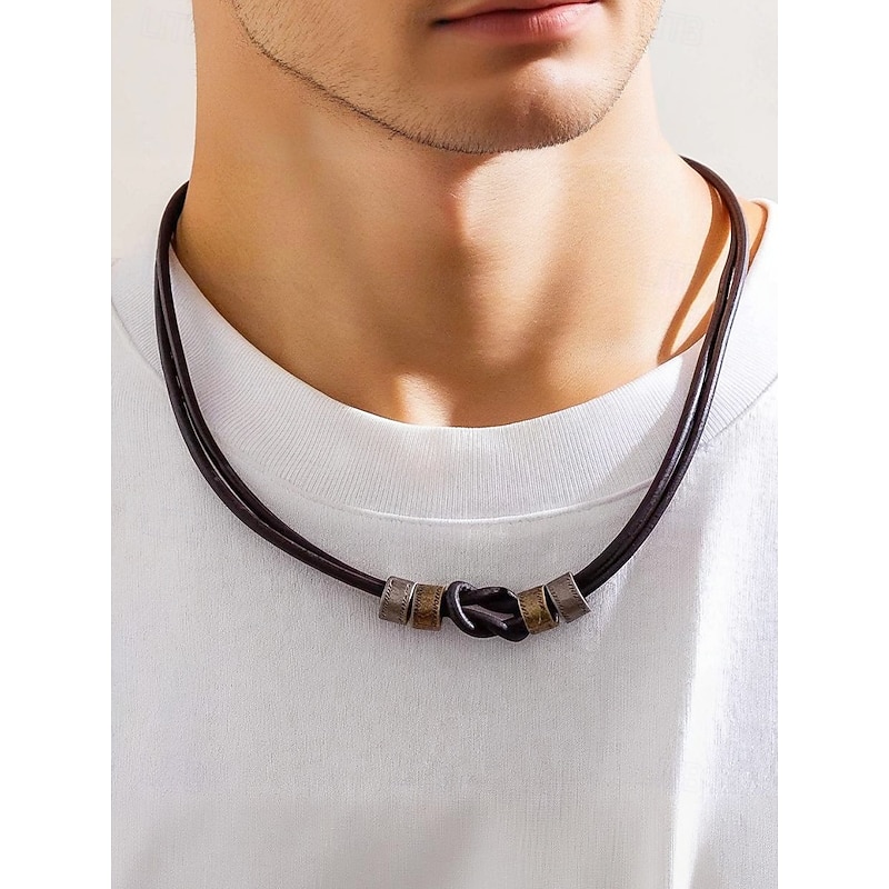Men's Leather Necklace and Bracelet Set – Vintage Knot Design with Metal Accents, Adjustable Handmade Jewelry for Casual, Biker, and Boho Style, Perfect for Daily Wear and Gifts2