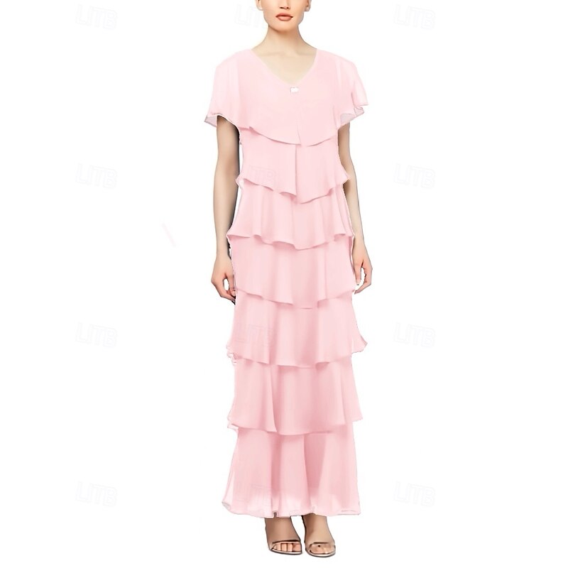 Sheath Mother of the Bride Dress Plus Size V Neck Ankle Length Chiffon Short Sleeve with Tier4