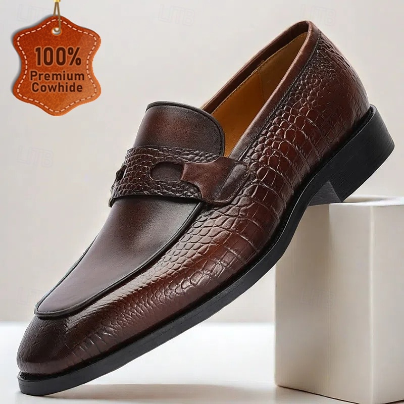 Men's Brown Genuine Leather Penny Loafers – Classic Crocodile Pattern Slip-On Dress Shoes for Kentucky Derby & Business Wear