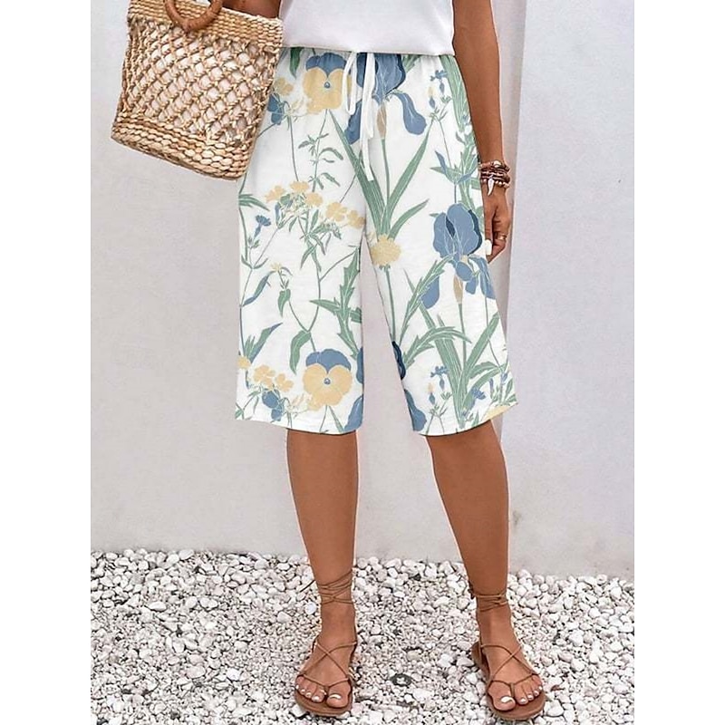 Women's Chinos Shorts Fashion Streetwear Casual Knee Length High Waist Floral Drawstring Comfy Soft Comfortable Micro-elastic Outdoor Vacation Street Apple Green Royal Blue Blue Green Summer Regular