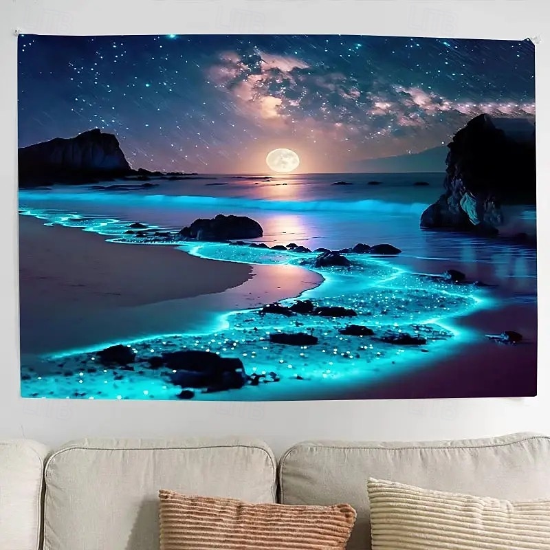 Landscape Night Ocean Hanging Tapestry Wall Art Large Tapestry Mural Decor Photograph Backdrop Blanket Curtain Home Bedroom Living Room Decoration2