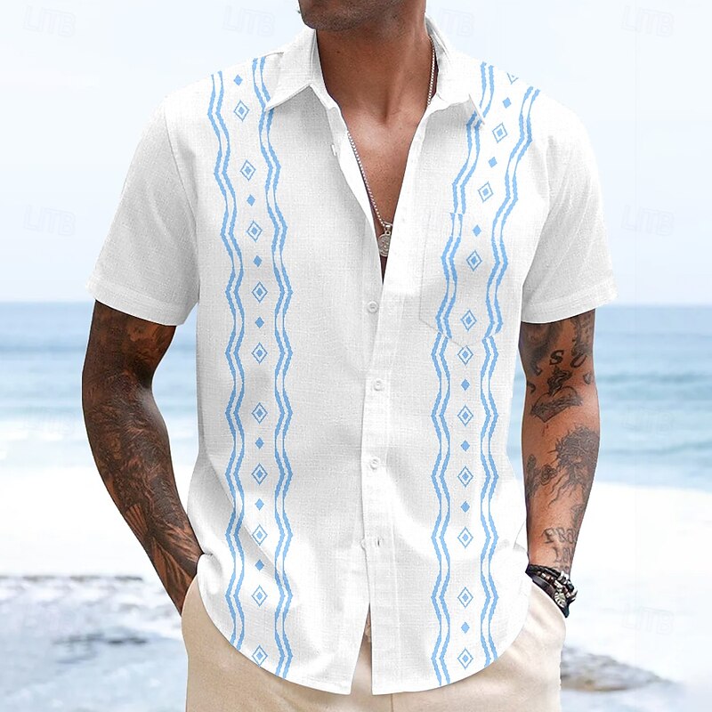Men's Geometric Shirt Guayabera Shirt Button Up Shirt Short Sleeve Fashion Casual Vacation Dailywear Beach Wear Summer Spring Turndown 3D Print Collared Shirts Front One Pocket White Blue Green Gray2
