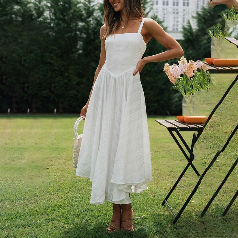 Women's Midi Dress White Dress Graduation Dress Slip Dress Fashion Birthday Holiday Date Regular Fit Plain Sleeveless Spaghetti Strap White Summer4