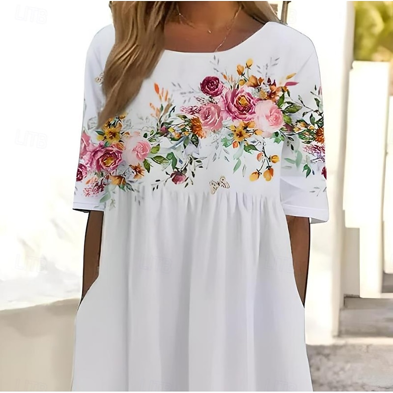 Women's Midi Dress Sundress Summer Dress Slip Dress Vacation Casual Beach Birthday Daily Holiday Loose Fit Floral Graphic Short Sleeve Crew Neck White Summer2