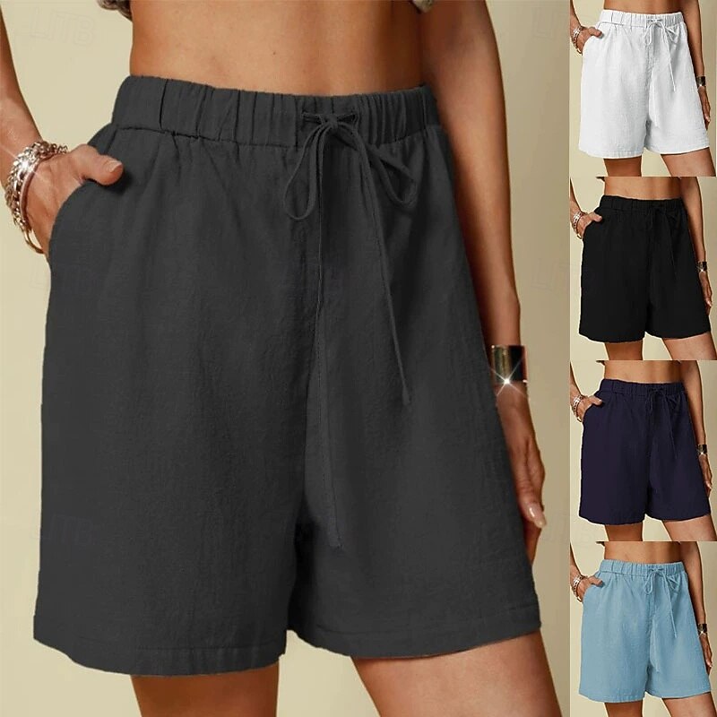 Women's Linen-Inspired Shorts Shorts Palazzo Pants Streetwear Casual Short Natural Plain Pocket Elastic Drawstring Design Outdoor Comfortable Street Going out Light Sky Blue Black White Dark Navy