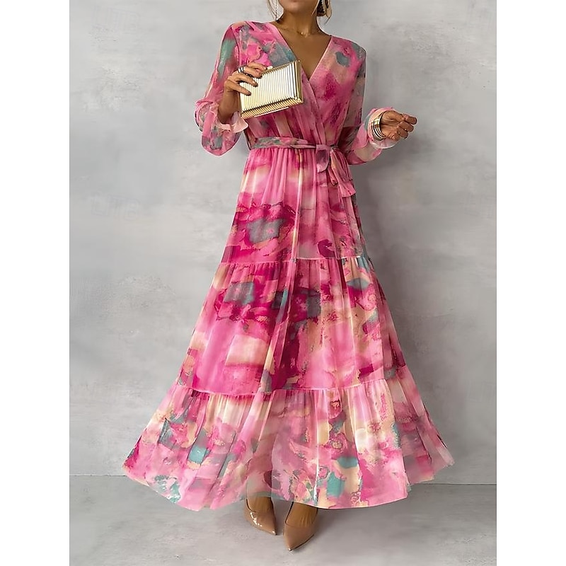 Women's Long Dress Maxi Dress Chiffon Dress A Line Dress Elegant Formal Party Wedding Guest Daily Regular Fit Floral Long Sleeve V Neck Fuchsia Summer