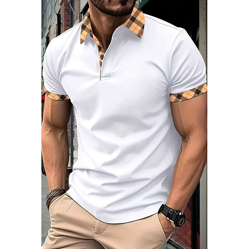 Men's Golf Shirt Golf Polos Shirts Formal Work Lapel Short Sleeve Modern Comfortable Color Block Patchwork Buttons Summer Spring Regular Fit Wine Apricot Black White Dark Navy Orange Golf Shirt