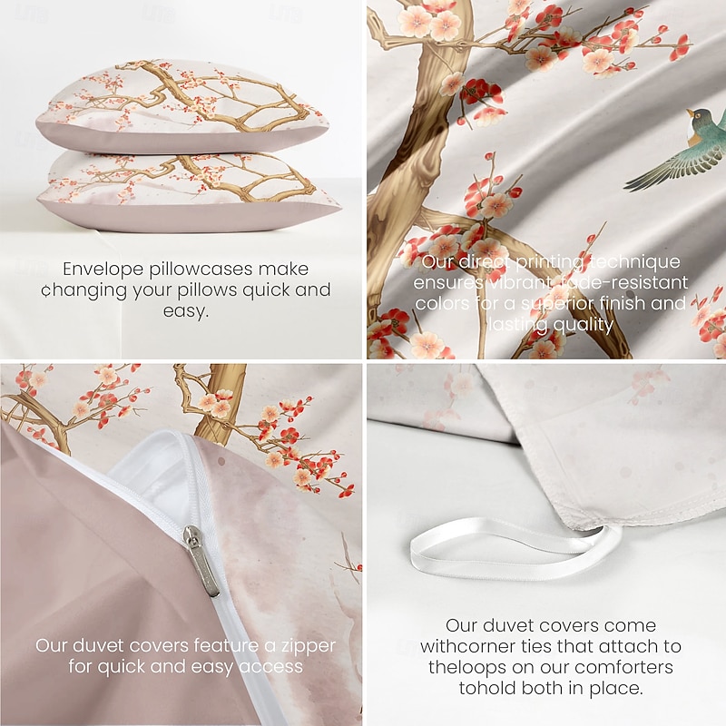 Spring Humming Bird Duvet Cover Set 100% Cotton Soft and Breathable Bedding Featuring Prints Lightweight and Durable Quilt Cover Comfortable for All Seasons Easy to Care3