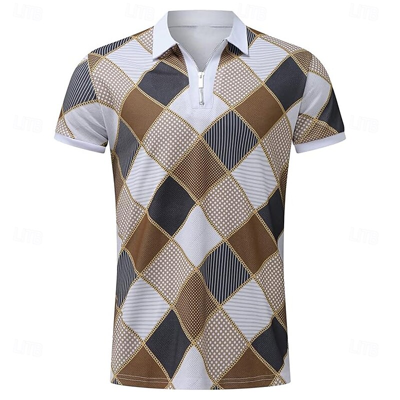 Men's Patchwork Zip Polo Short Sleeve Turndown Casual Daily Athleisure Casual Daily Zipper Summer Brown2