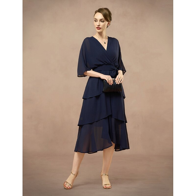 A-Line Mother of the Bride Dress Elegant V Neck Floor Length Chiffon Half Sleeve with Bow(s) Cascading Ruffles Solid Color3