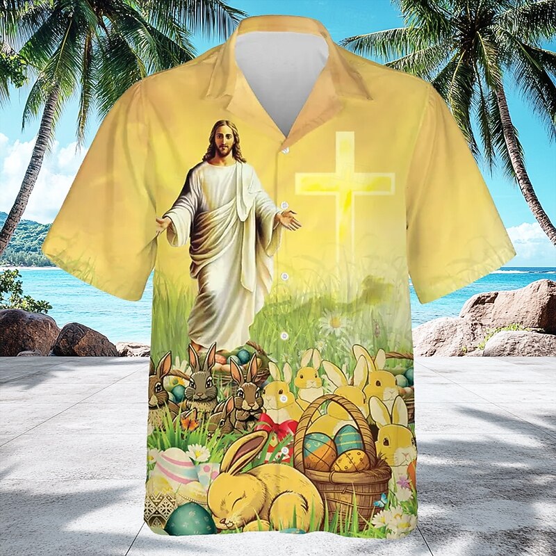Easter Men's Bunny Templar Cross Jesus Shirt Cuban Collar Shirt Button Up Shirt Short Sleeve Vintage Retro Holiday Festival Summer Spring Camp Collar Shirt 3D Print Yellow