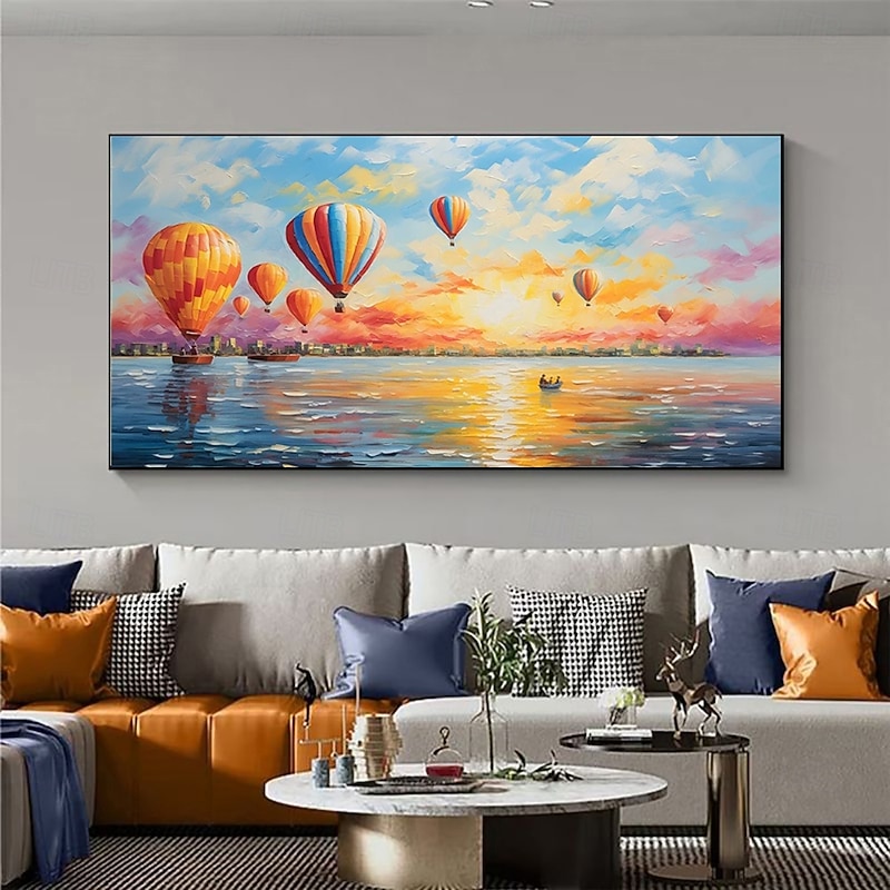 Handmade Oil Painting Canvas Wall Art Decoration Modern Casual Style Abstract Seaside Holiday Hot Air Balloon Scenery for Living Room Home Decor Rolled Frameless Unstretched Painting
