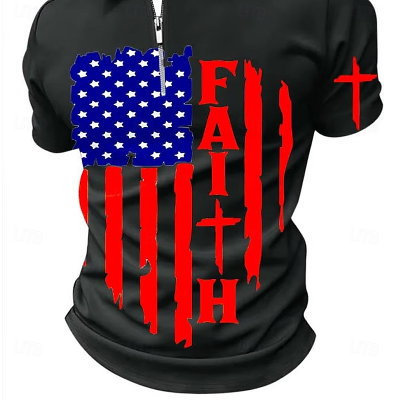 Independence Day Men's US Flag Zip Polo Short Sleeve Turndown Vintage Casual / Sporty Sports & Outdoor Casual 3D Print Summer Black2