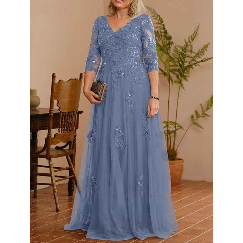 A-Line Mother of the Bride Dress Wedding Guest Elegant V Neck Floor Length Lace Tulle 3/4 Length Sleeve with Beading Appliques