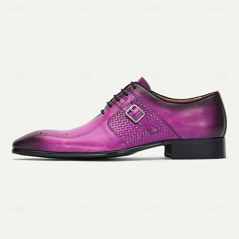Men's Purple Genuine Leather Monk Strap Prom Shoes – Elegant Buckle Dress Shoes with Brogue Detailing for Formal Events & Parties3