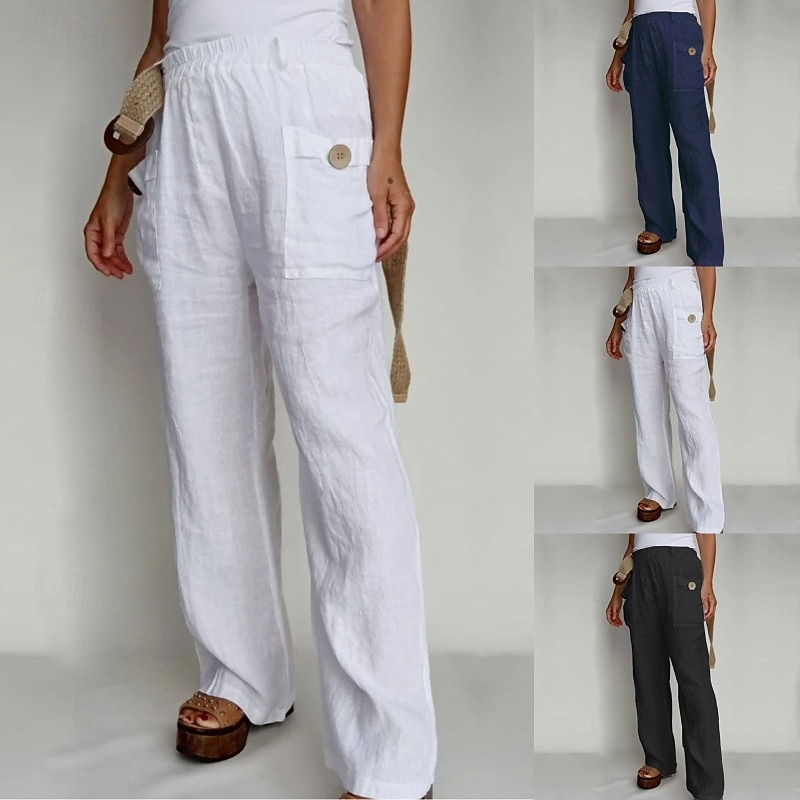 Women's Cotton Linen Shorts Linen-Inspired Pants Cotton Linen Pants Fashion Full Length Natural Plain Pocket Comfy Outdoor Street Going out Dark red Navy Black White Summer Regular Fit