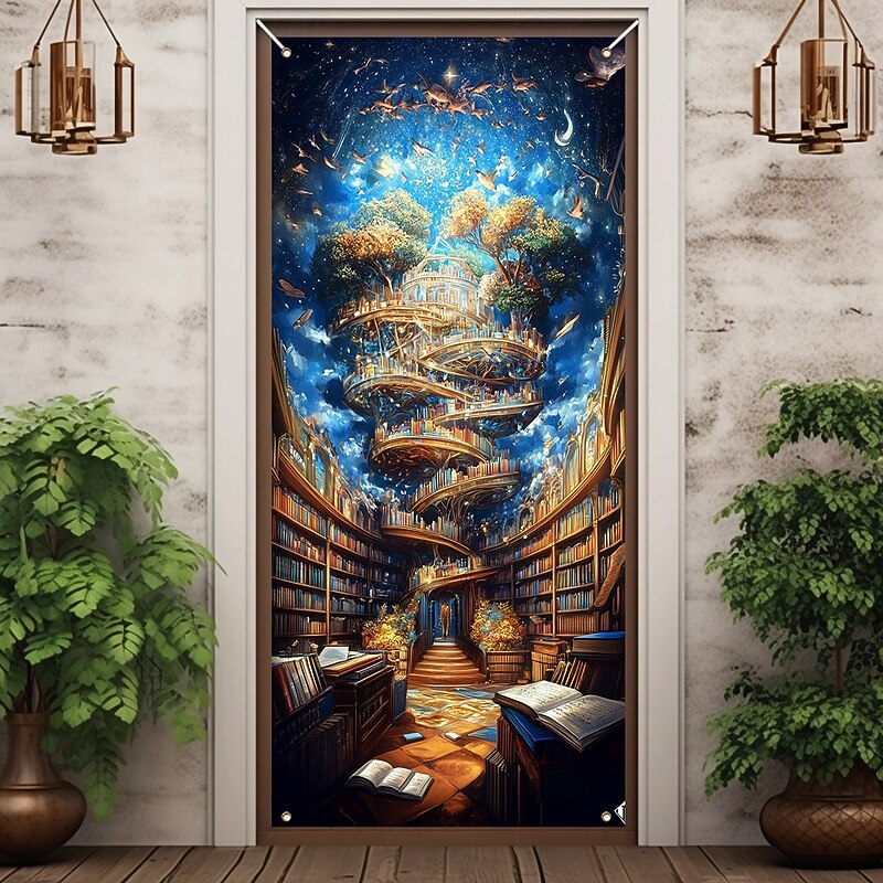 Fantasy Bookshelves Door Decorations Door Covers Door Tapestry Door Curtain Decoration Backdrop Indoor/Outdoor Door Banner for Front Door Farmhouse