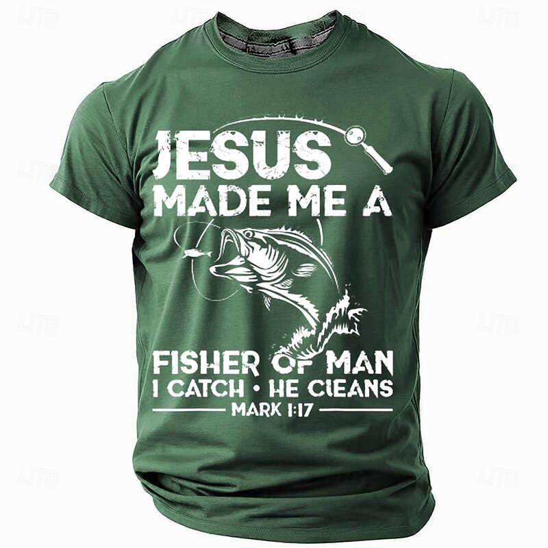 Men's Fishing Christian Graphic T-Shirt - "Jesus Made Me a Fisher of Man" Mark 1:17 Quote Short Sleeve Tee2
