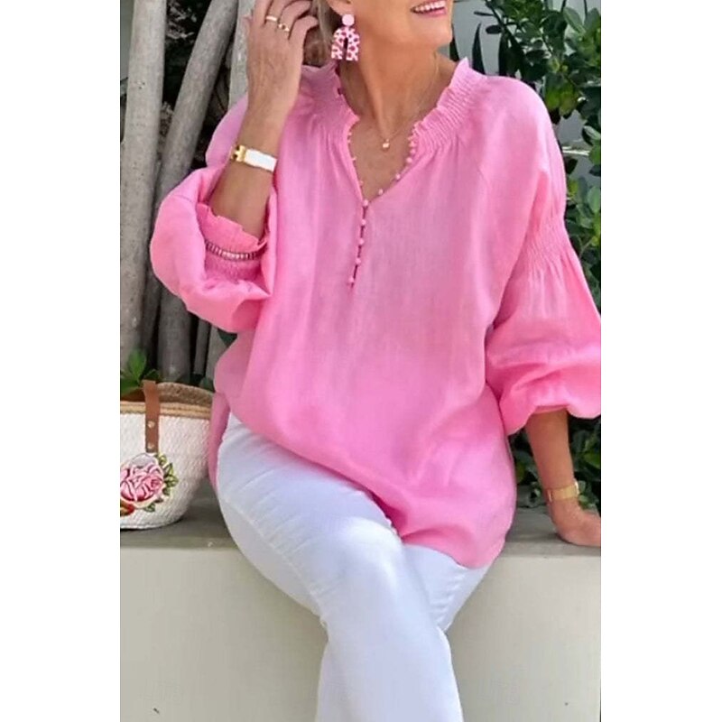 Women's Shirt Linen Shirt Cotton Linen Shirts Plain Stylish Modern Long Sleeve V Neck Regular Tops Holiday Going out Ruched Black White Pink Summer4
