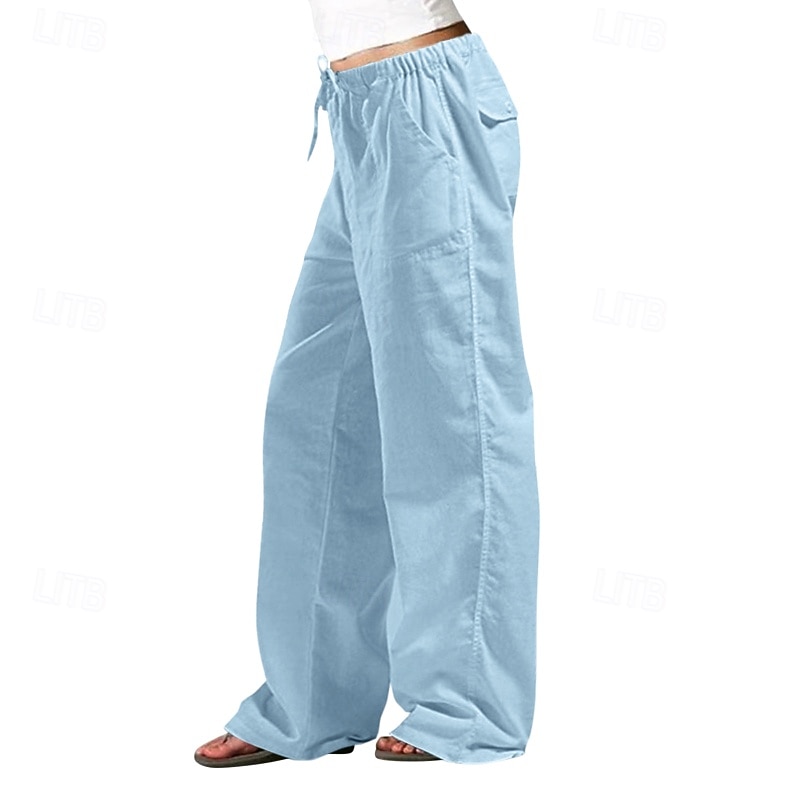 Women's Cotton Linen Pants Slacks Streetwear Casual Full Length Natural Plain Pocket Elastic Drawstring Design Outdoor Comfortable Daily Wear Going out Depression Green Dark Brown Light Sky Blue Navy2