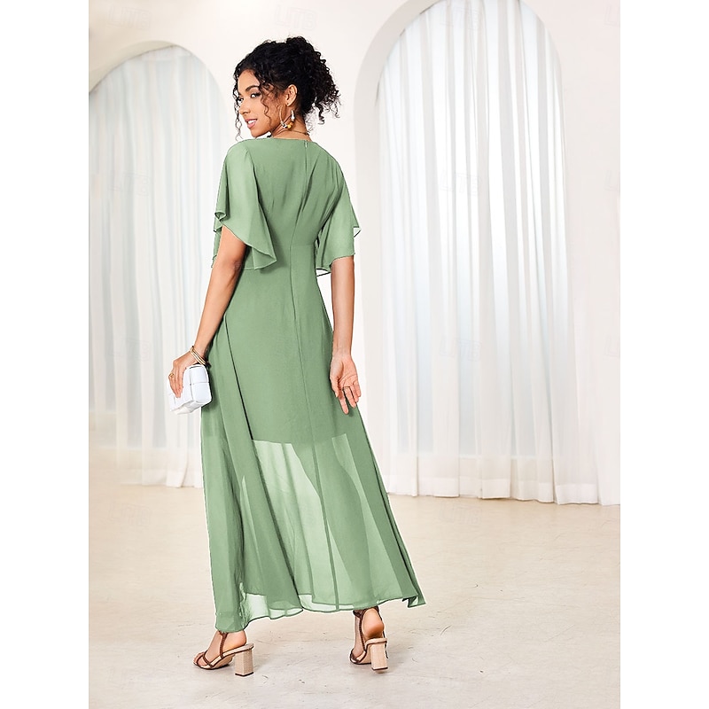 Women's Maxi Dress Elegant Flutter Sleeve Solid Blue Scoop Neck Cinched Waist Flowy Sheer Overlay Formal Event Party Summer All Sizes3