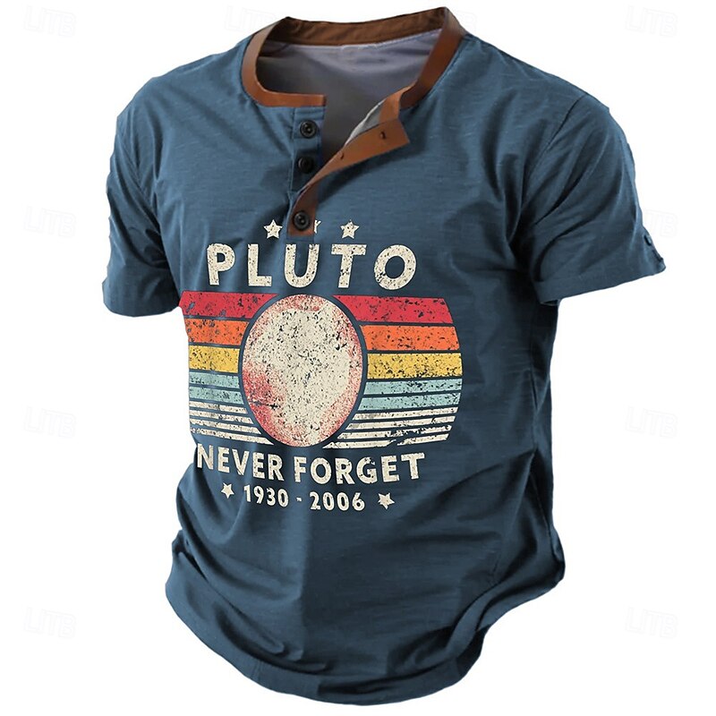 Men's Henley T-Shirt Pluto Never Forget 1930-2006 Vintage Graphic Short Sleeve Brown4