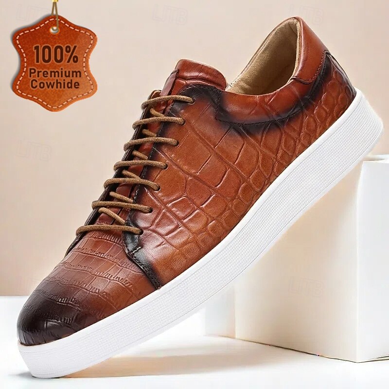 Men's Brown Genuine Leather Sneakers – Stylish Crocodile Embossed Lace-Up Casual Shoes for Daily Wear