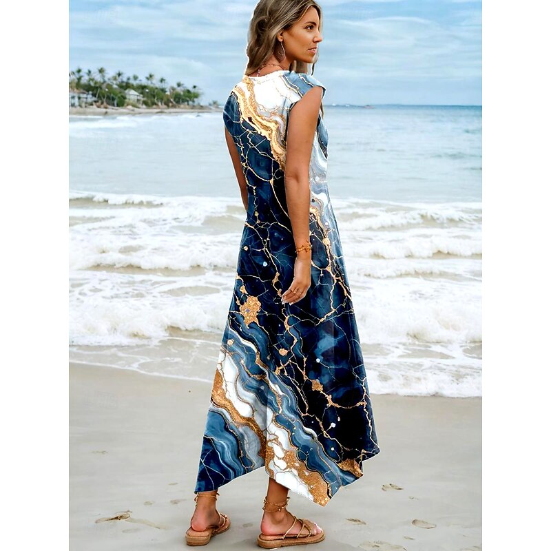 Women's Maxi Dress Sundress Shift Dress Vacation Casual Beach Party Beach Regular Fit Ombre Graphic Abstract Sleeveless V Neck Azure Summer Spring4