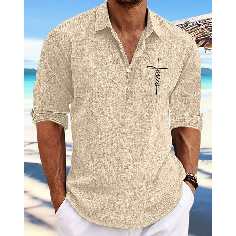 Men's Shirt Popover Shirt Summer Shirt Casual Shirt Beach Shirt Black Sky Blue khaki Gray Long Sleeve Cross Lapel Vacation Hawaiian Button-Down Clothing Apparel Fashion Casual Comfortable3
