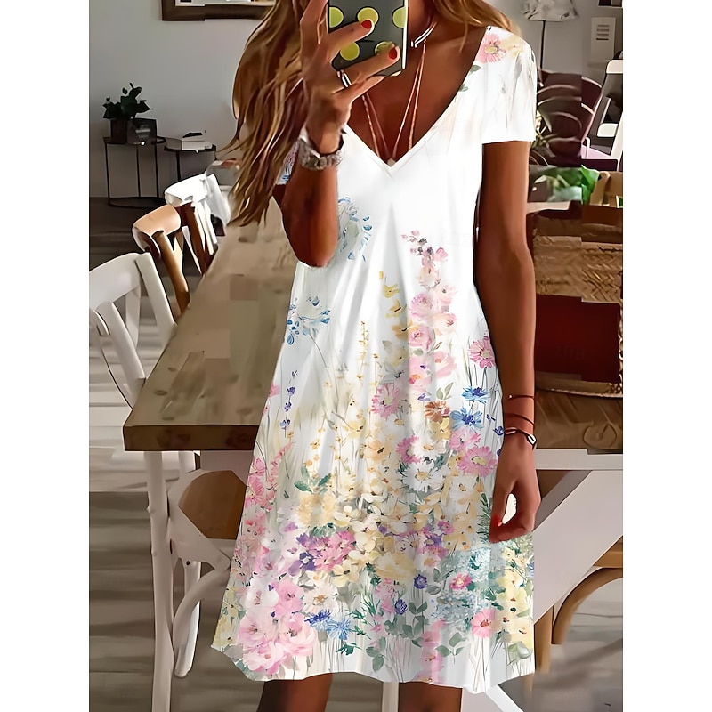 Women's Mini Dress A Line DressSundress Summer Dress Vacation Casual Vacation Daily Regular Fit Floral Graphic Short Sleeve Crew Neck White Summer