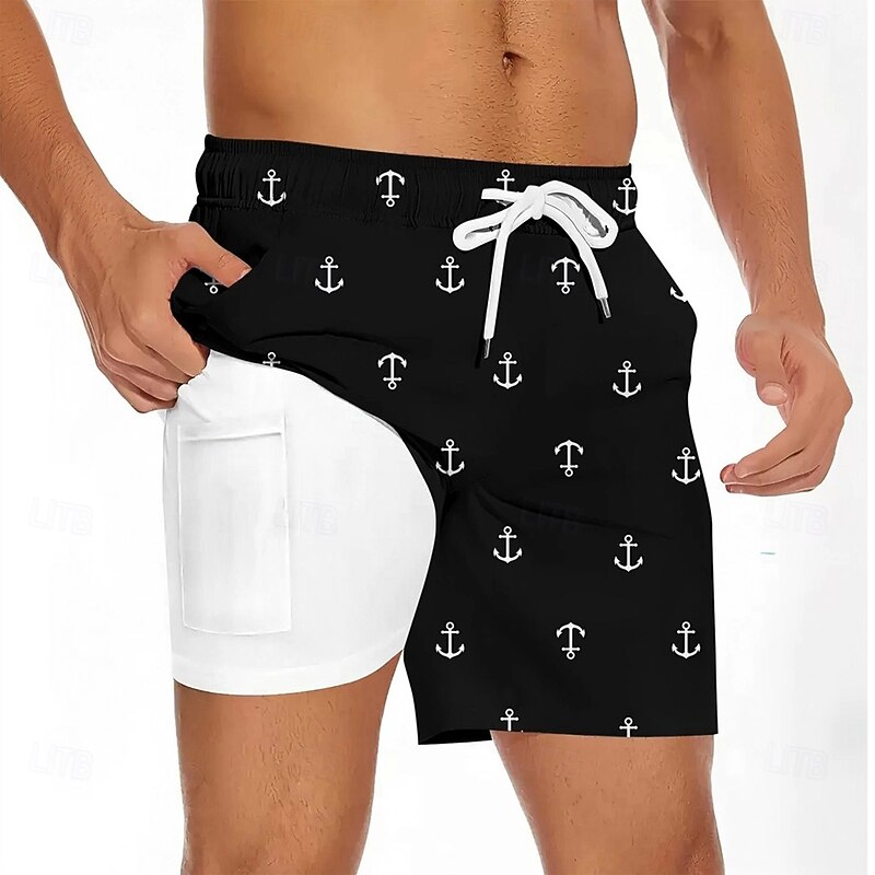 Men's Nautical Anchor Lined Shorts Swim Shorts Board Shorts Mid Waist Hawaiian Vacation Holiday Beach Wear Side Pockets With Compression Liner Elastic Drawstring Waist Designer Clothing Apparel