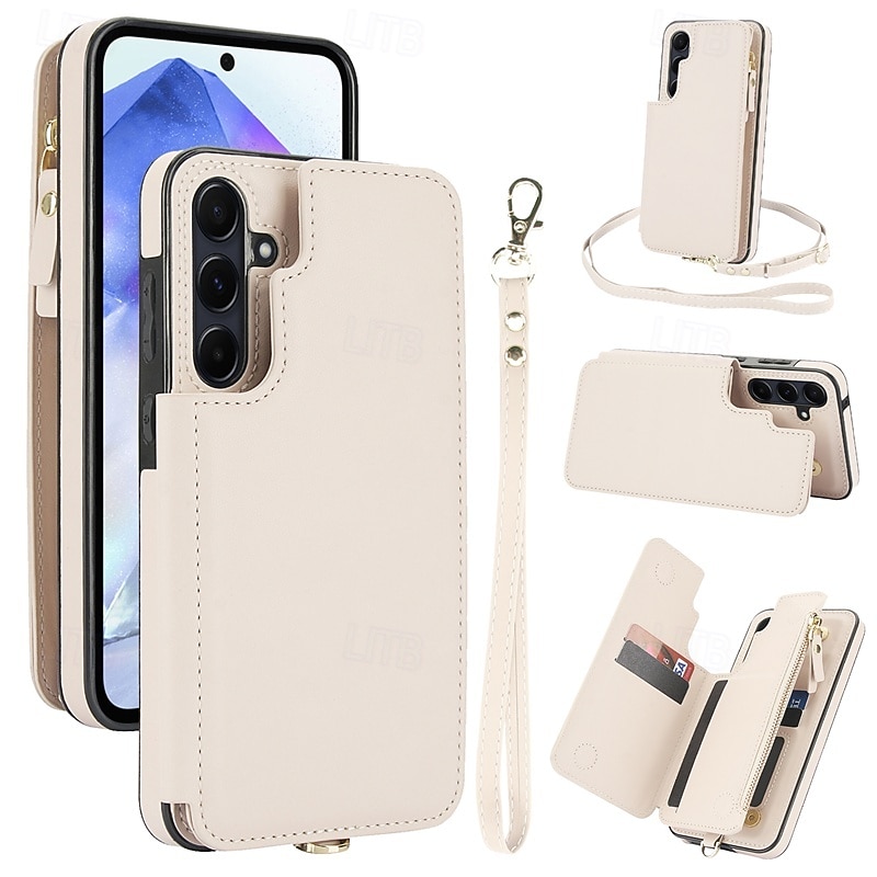 Phone Case For Samsung Galaxy S25 S24 S24 FE S23 S22 S21 Ultra Plus A16 A55 5G A35 5G A15 Back Cover with Stand Holder Zipper with Lanyard Retro TPU PU Leather