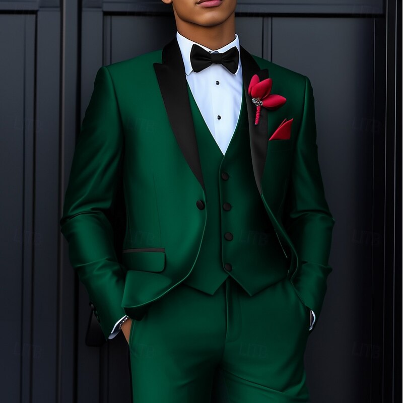 Men's Wedding Party Party Suits Peaked Lapel Dark Green Fashion Business Solid Colored Standard Fit 3 Piece Single Breasted One-button2