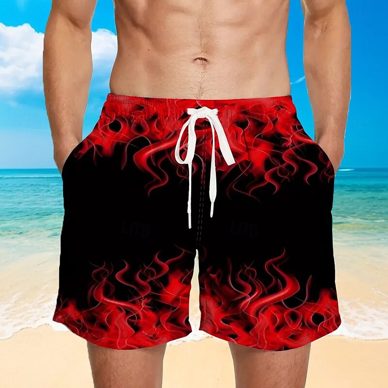 Men's 3D Print Flame Board Shorts Swimming Trunks Summer Shorts Mid Waist Streetwear Hawaiian Beach Vacation Wear Side Pockets Mesh Lining Elastic Drawstring Waist Designer Clothing Apparel