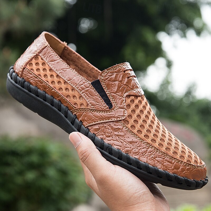 Men's Brown Crocodile Pattern Slip-On Loafers - Stylish Business & Casual Shoes with Textured Faux Leather Design4