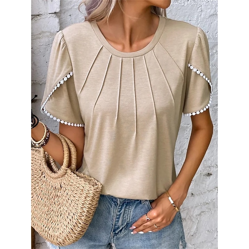 Women's Blouse Solid Color Stylish Casual Short Sleeve Crew Neck Regular Tops Daily White Red Blue Green Khaki Summer Spring3