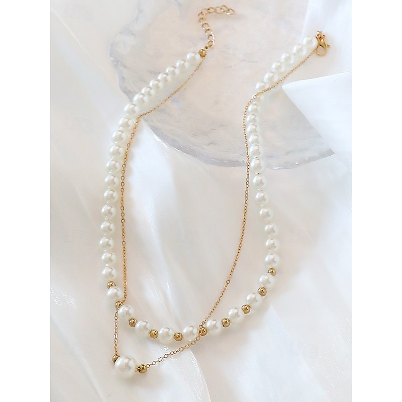 Elegant Layered Pearl Necklace for Women – Gold Chain with White Simulated Pearls, Classic Vintage Jewelry for Weddings, Parties and Formal Events3