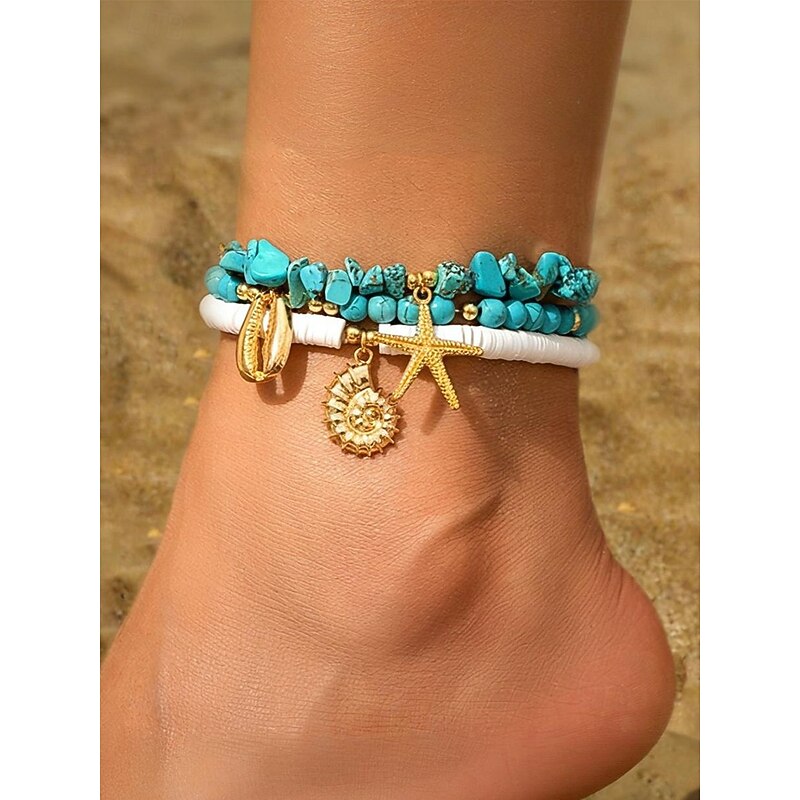 Bohemian Beach Anklet Set – Handmade Turquoise Beaded Ankle Bracelets with Seashell, Starfish, and Conch Charms, Summer Foot Jewelry for Women, Vacation & Festival Accessories