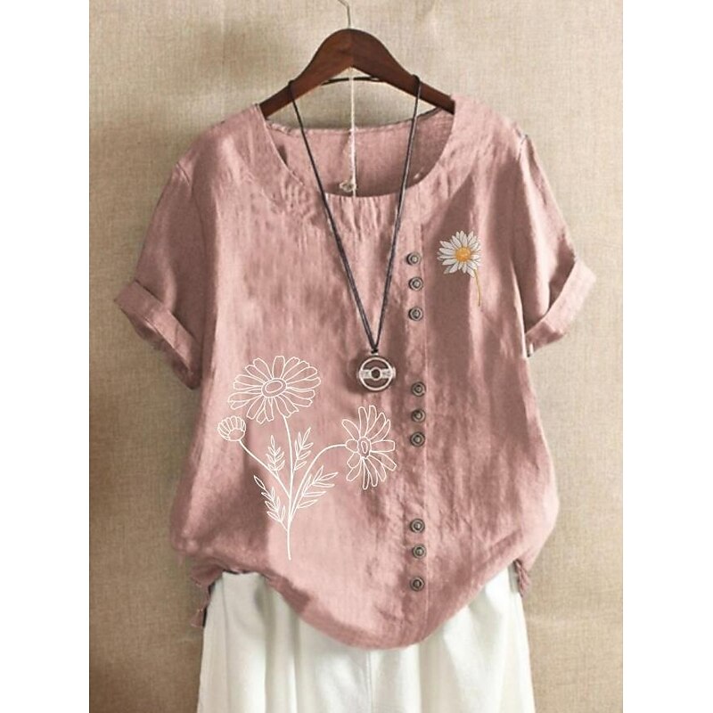 Women's Shirt Blouse Floral Graphic Elegant Daily Short Sleeve Crew Neck Regular Tops Daily Linen Like Print White Pink Dusty Blue Summer3
