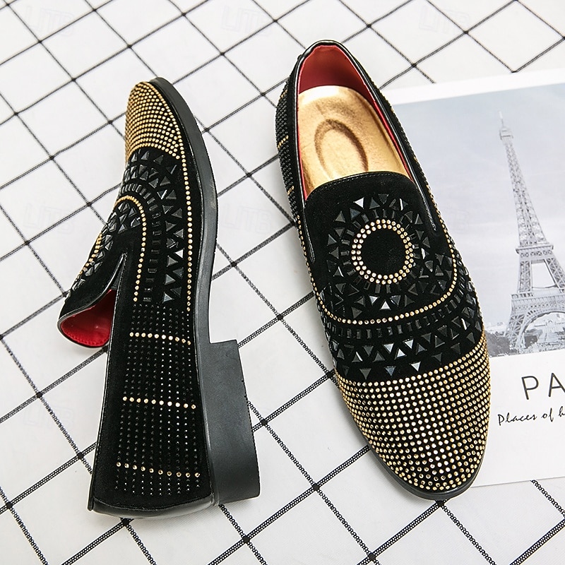 Men's Prom Shoes - Black Studded Velvet Loafers with Spiral Design for Luxurious Occasions2