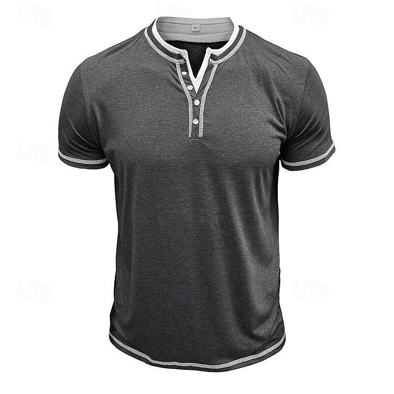 Men's Henley Shirt Tee Short Sleeve Plain Vintage Buttons Fake two piece Henley Outdoor Casual Daily Summer Spring &  Fall Dark Grey Black Light Blue Henley T-Shirt2