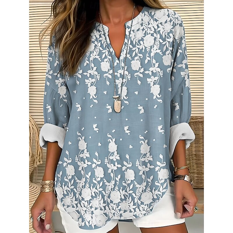 Women's Blouse Tunic V Neck Long Sleeve Boho Casual Tops 3D Print Floral Graphic Vintage Tropical Regular Tops Daily Wear Print White Yellow Pink Blue Khaki4