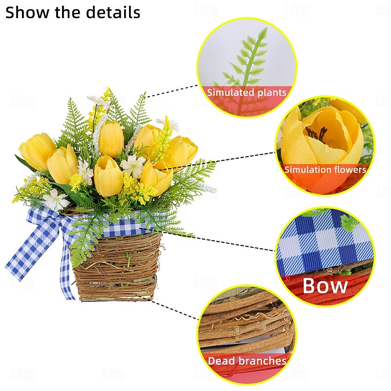 Spring Wreath Artificial Tulip and Greenery Vine Basket Hanging Decoration with Gingham Ribbon for Hotels, Cafes, Home Entryways4