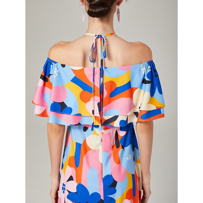 Abstract floral pattern, one-shouldered, frilled hem, elegant long dress style.4