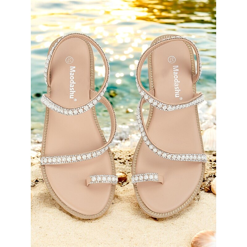 Women's Pearl Strappy Flat Sandals – Elegant Rhinestone Beach Sandals for Summer, Weddings, and Casual Outings