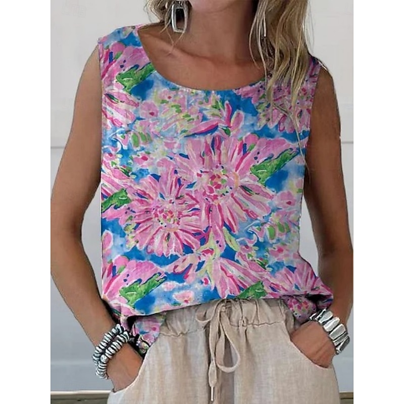 Women's Tank Top Floral Stylish Modern Sleeveless Crew Neck Regular Tops Daily Holiday Print White Yellow Purple Summer3
