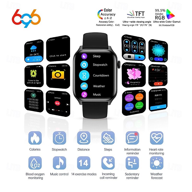 696 T12PRO Smart Watch Fitness Tracker ECG PPG Bluetooth Call Reminder Android iOS IP67 38mm 1.85