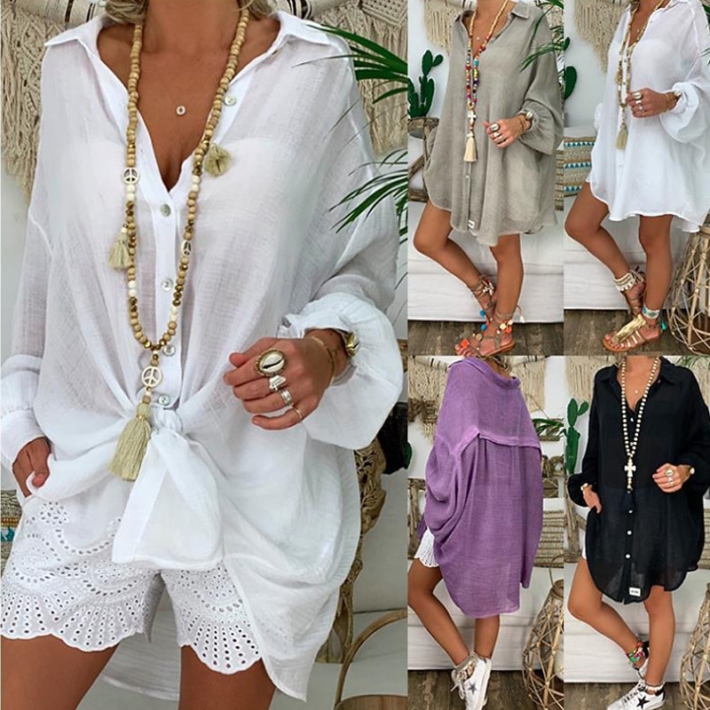 Women's Shirt Cotton Linen Shirts Button Up Blouse Plain Basic Modern Casual Long Sleeve Shirt Collar Long Tops Daily Holiday Going out Buttons Black White Blue Purple Gray Summer